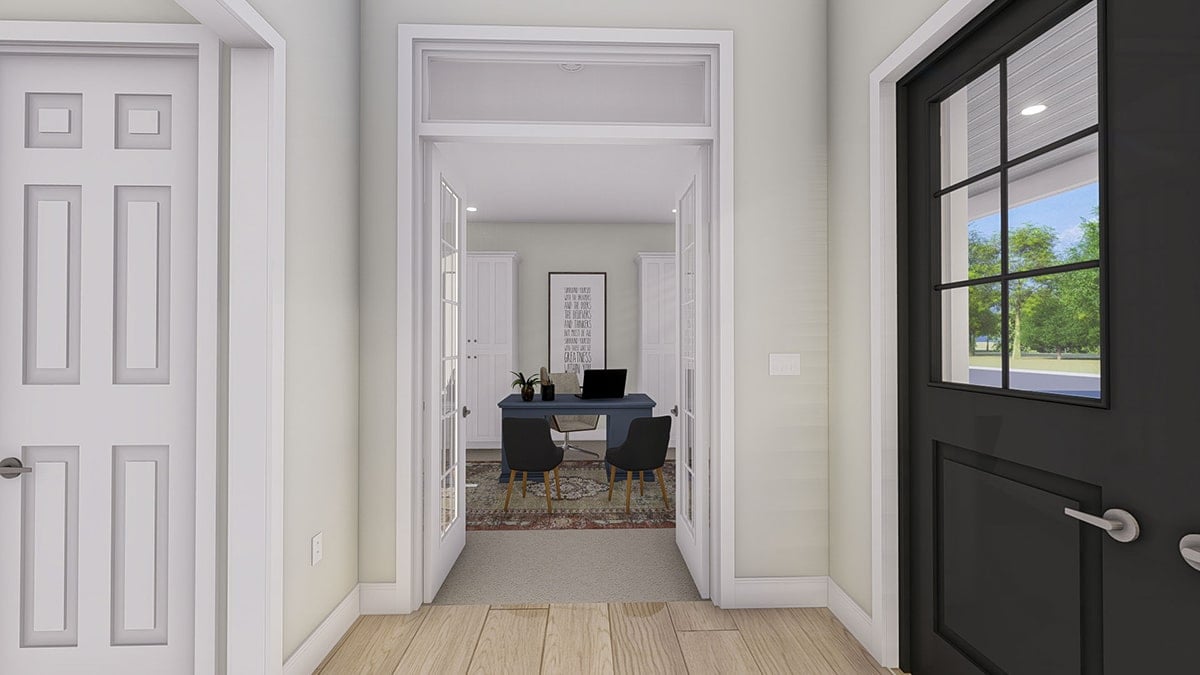 Inviting Entrance Hallway with Glass Doors Leading to Home Office