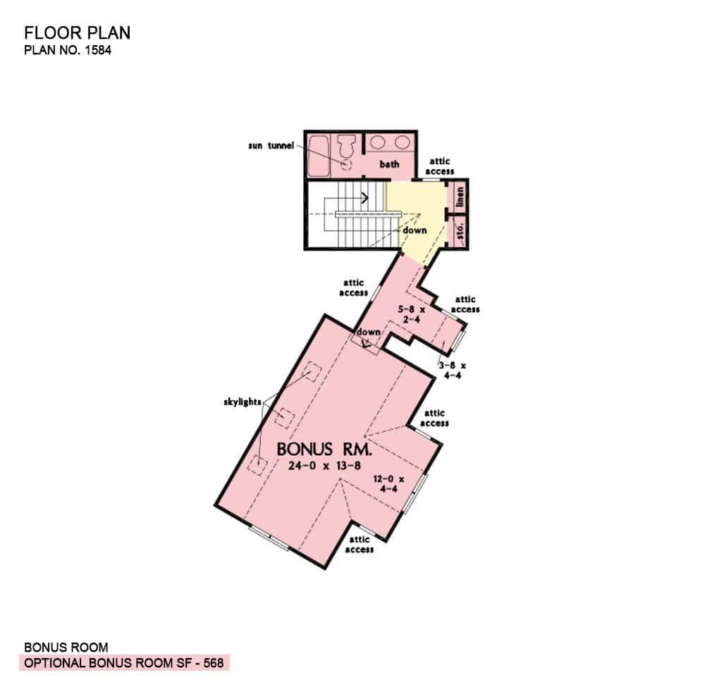 Bonus room floor plan with full bath and storage spaces.