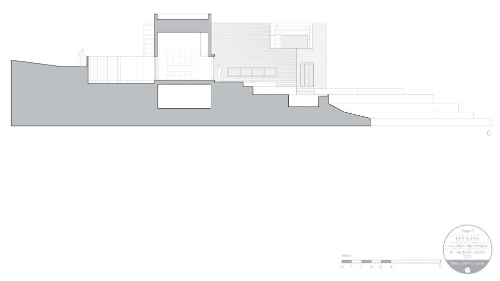 This is an illustration of the coupe elevation of the house featuring the supports and sections of the house.