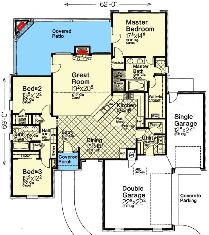 Entire floor plan of a 3-bedroom single-story traditional home with front and rear porches, foyer, great room, dining area, kitchen, three bedrooms, and a utility room that opens to the garage.