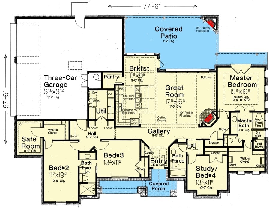 Entire floor plan of a single-story 4-bedroom hill country home with front and rear porches, foyer, great room, kitchen with breakfast nook, four bedrooms, utility room, and a three-car garage.