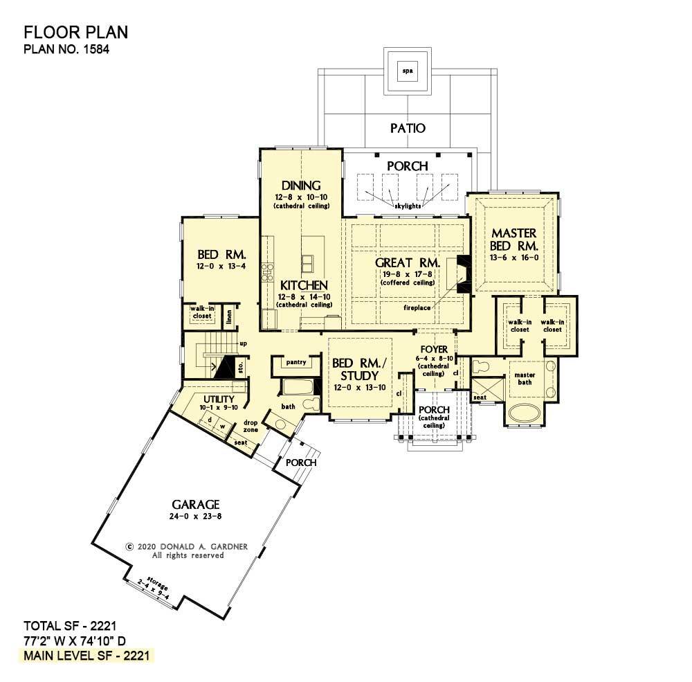 Main level floor plan of a 3-bedroom single-story The Roerig modern farmhouse with front and rear porches, great room, kitchen, dining area, utility room, and three bedrooms including the primary suite and the flexible study.