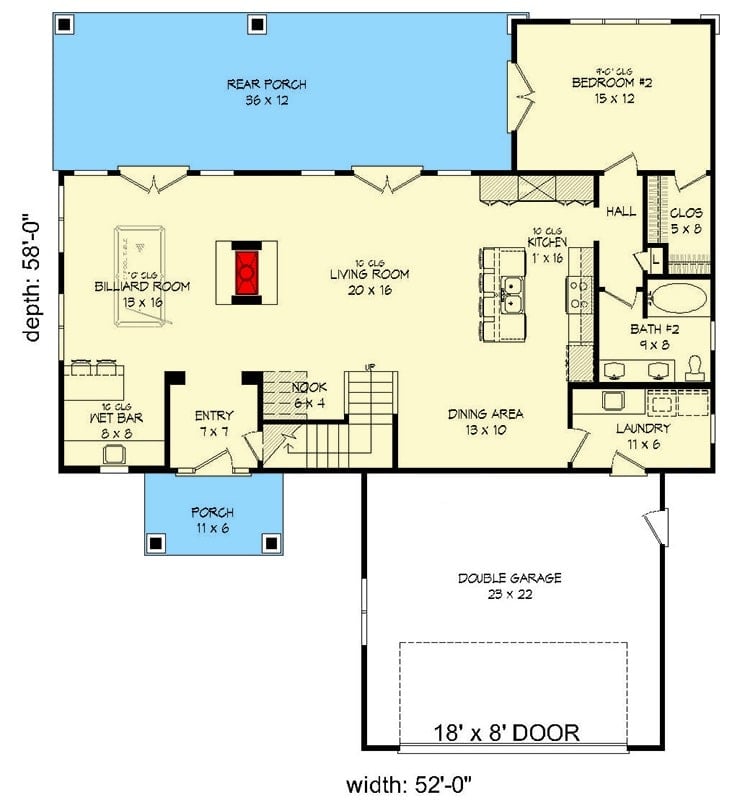 Main level floor plan of a two-story 3-bedroom mountain craftsman home with entry porch, foyer, living room, kitchen, dining area, laundry room, bedrooms, and a billiard room with a wet bar.