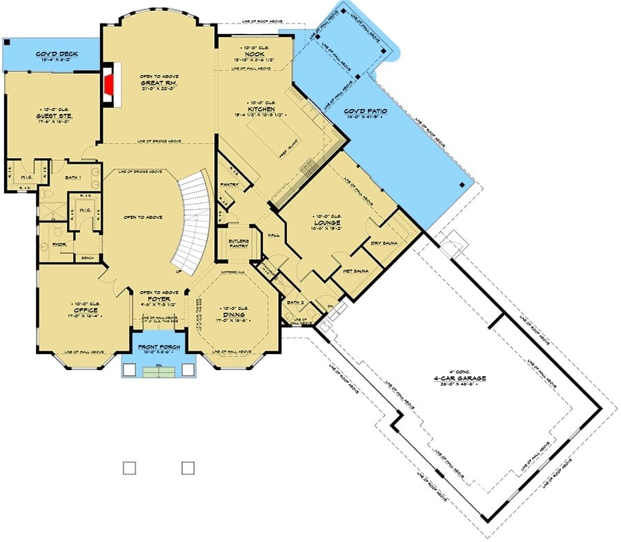 Main level floor plan of a two-story 6-bedroom Mediterranean home with foyer, formal dining room, great room, kitchen with breakfast nook, office, guest suite, lounge room, and plenty of outdoor spaces.