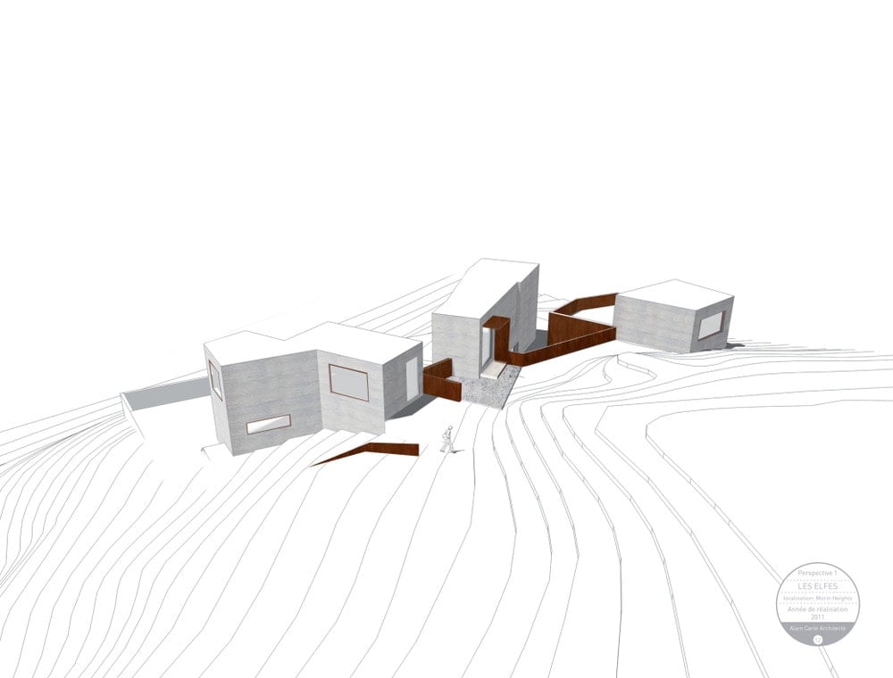 This is an illustration of the house's perspective showcasing the three structures.