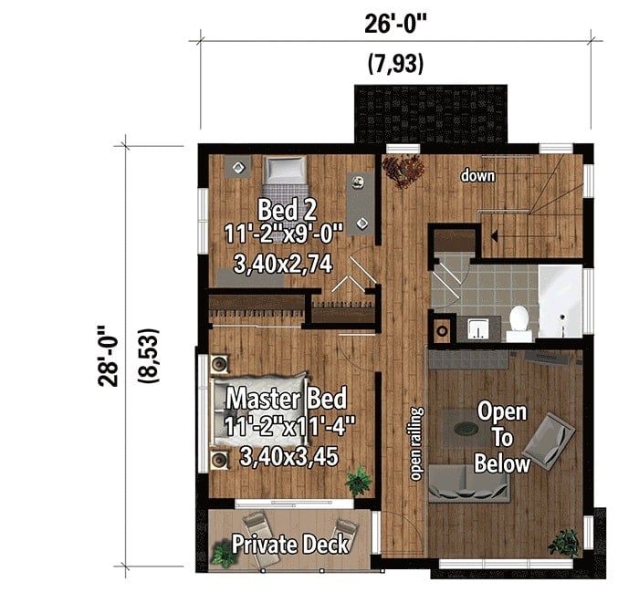 Second level floor plan with two bedrooms and a private deck.