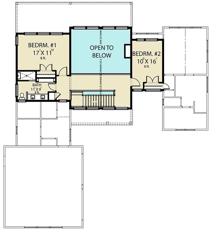 Second level floor plan with two bedrooms and a full bath.