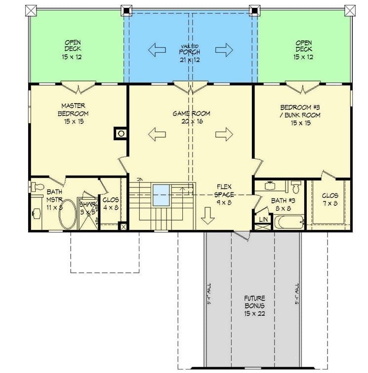 Second level floor plan with two bedrooms, a game room, and a vaulted porch flanked by open decks.