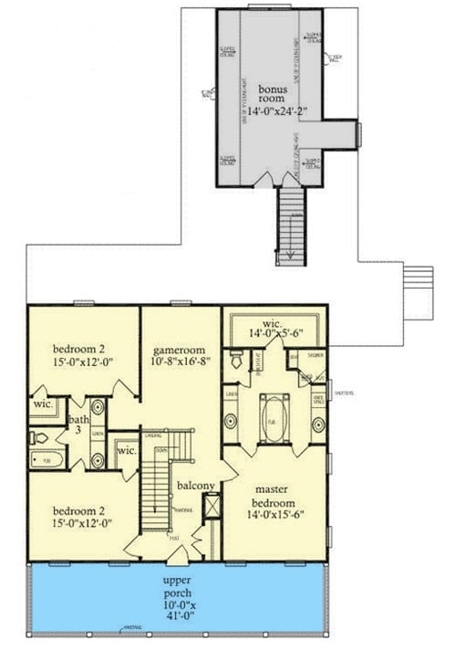 Second level floor plan with two bedrooms, a game room, primary suite, and a separate bonus room.