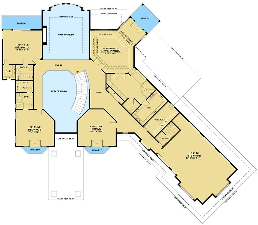 Second level floor plan with three bedrooms, a bonus room, and a massive storage space.