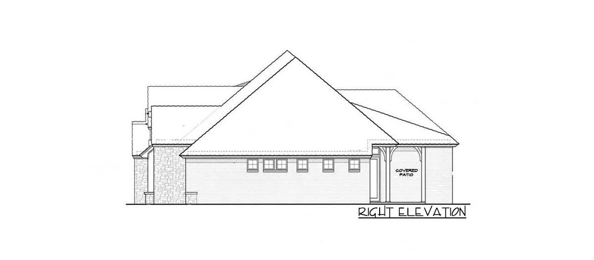 Right elevation sketch of the single-story 4-bedroom hill country home.