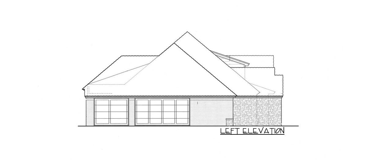 Left elevation sketch of the single-story 4-bedroom hill country home.