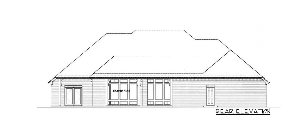 Rear elevation sketch of the single-story 4-bedroom hill country home.