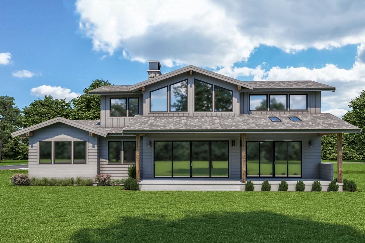 Rear rendering of the two-story 3-bedroom contemporary craftsman home.