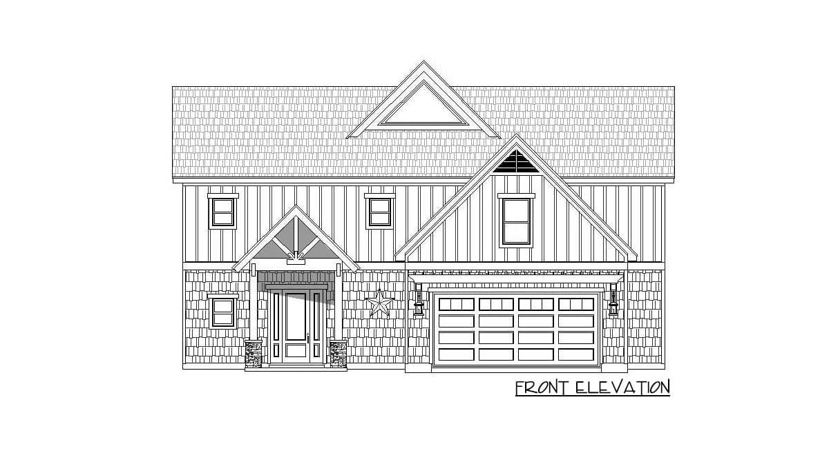 Front elevation sketch of the two-story 3-bedroom mountain craftsman home.