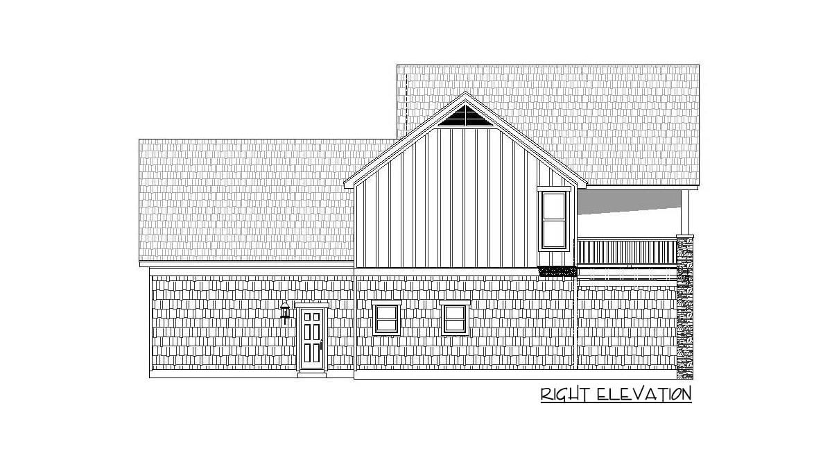 Right elevation sketch of the two-story 3-bedroom mountain craftsman home.