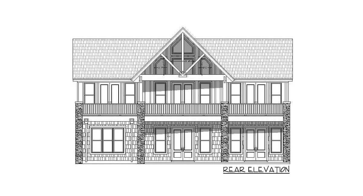 Rear elevation sketch of the two-story 3-bedroom mountain craftsman home.