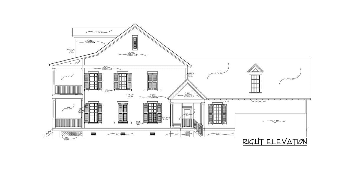 Right elevation sketch of the two-story 4-bedroom traditional Southern home.