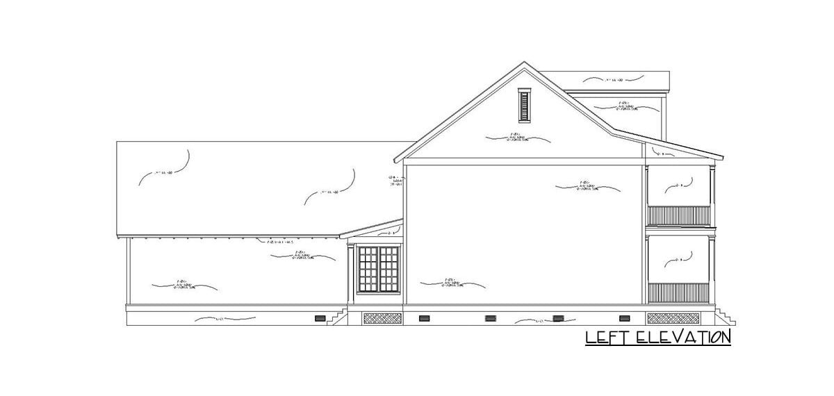 Left elevation sketch of the two-story 4-bedroom traditional Southern home.