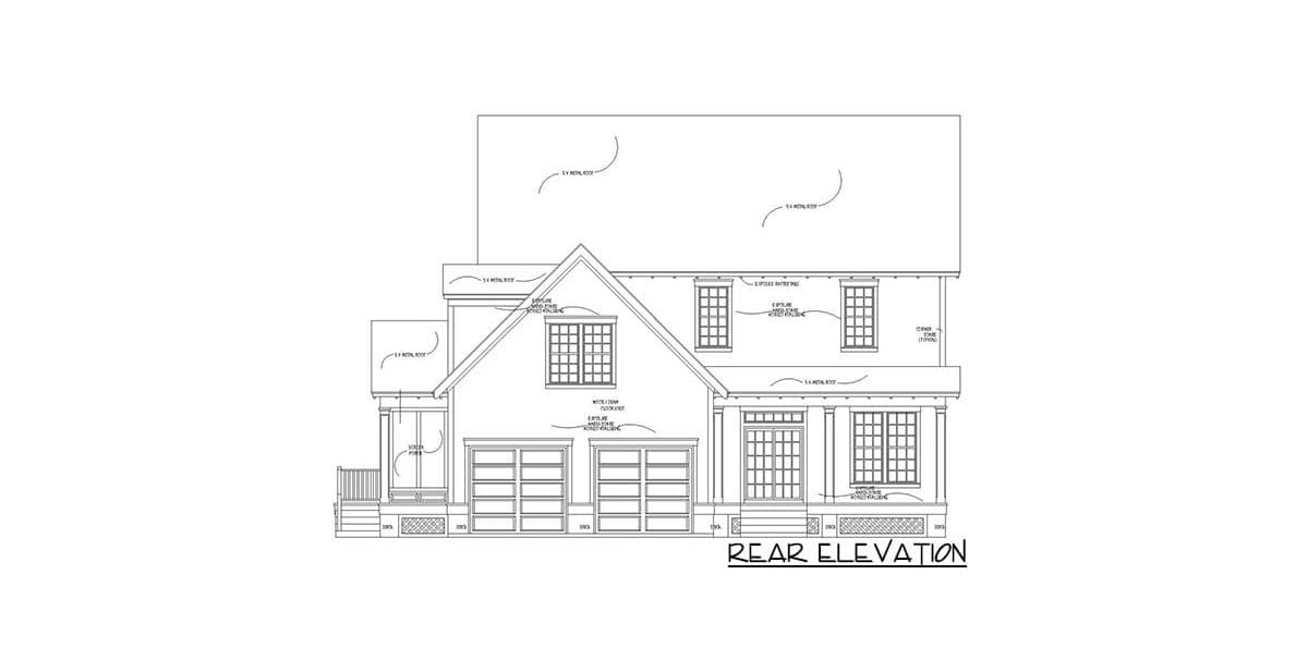 Rear elevation sketch of the two-story 4-bedroom traditional Southern home.