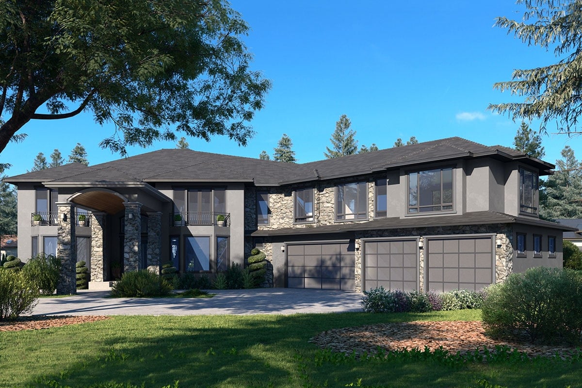 Front rendering of the two-story 6-bedroom Mediterranean home.