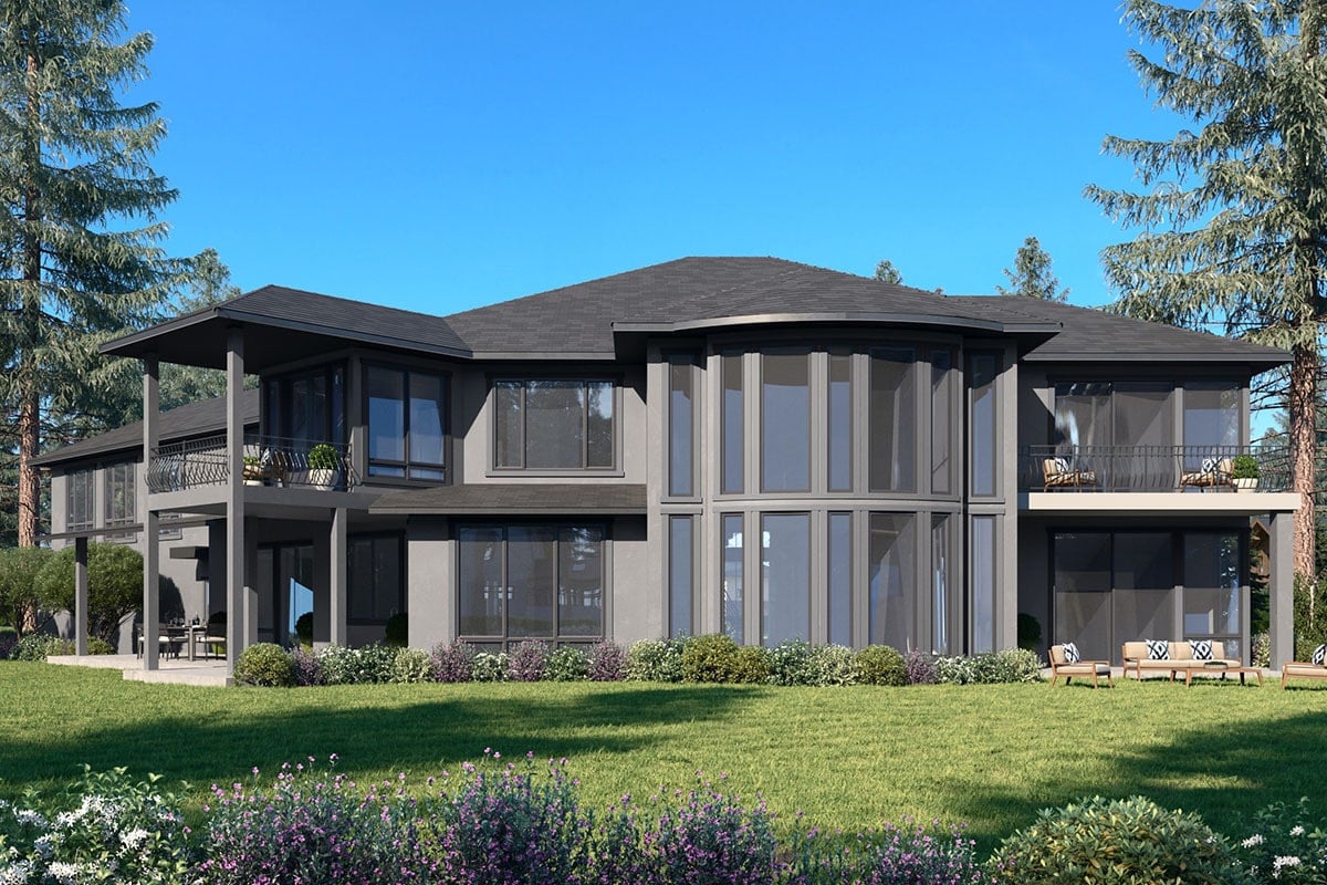 Rear rendering of the two-story 6-bedroom Mediterranean home.