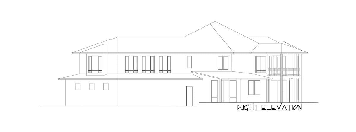 Right elevation sketch of the two-story 6-bedroom Mediterranean home.