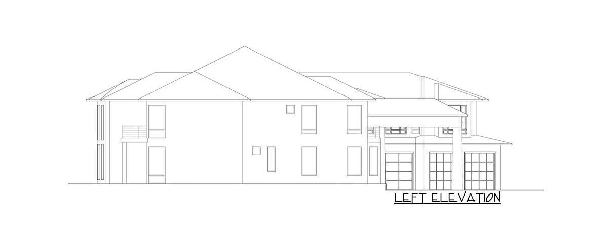 Left elevation sketch of the two-story 6-bedroom Mediterranean home.
