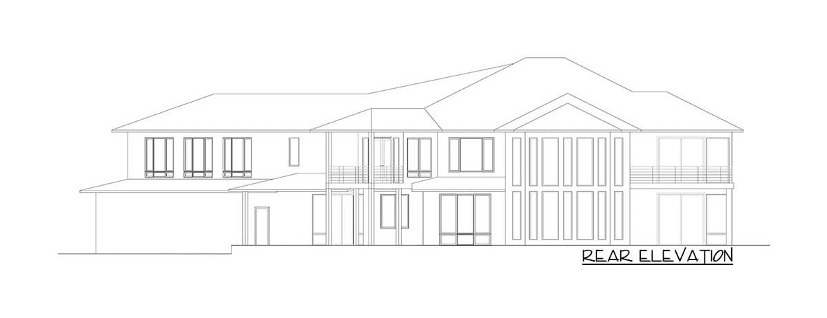 Rear elevation sketch of the two-story 6-bedroom Mediterranean home.