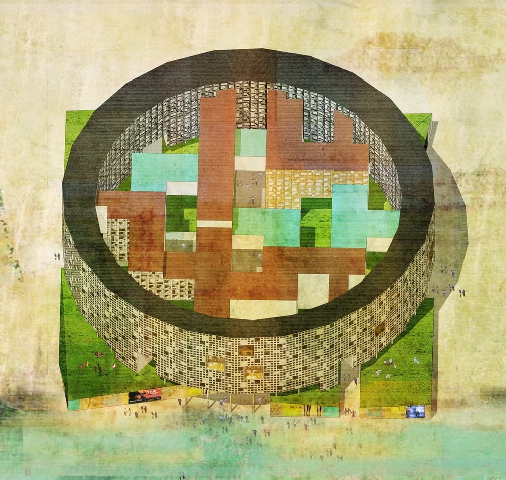 This is a rendering illustration of the whole building with different colors and sections.