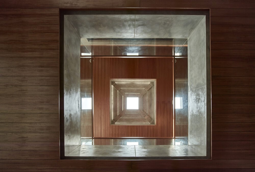 This is a look up the skylight of the indoor balcony from the vantage of the living room.