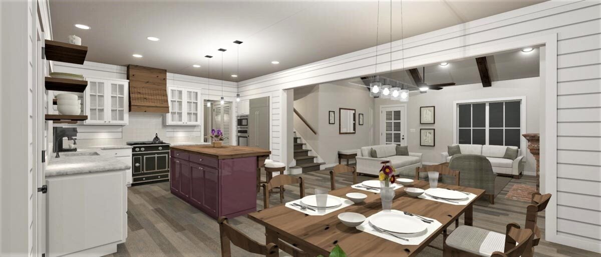 The dining area with a wooden dining set has an unobstructed view of the kitchen and the living room.