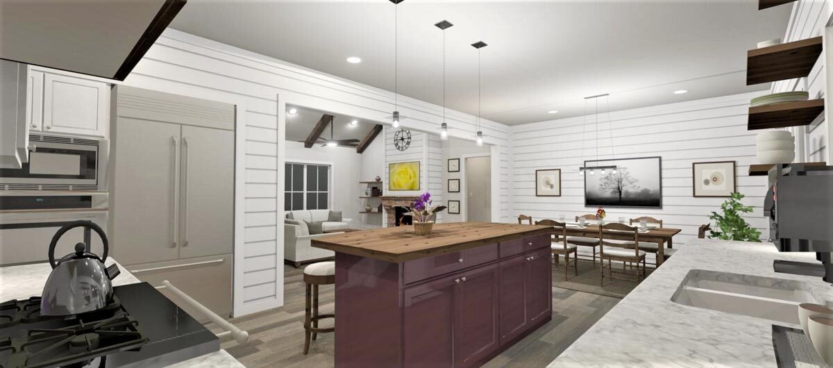 The kitchen is equipped with slate appliances, marble countertops, a built-in cooktop, and a breakfast island.