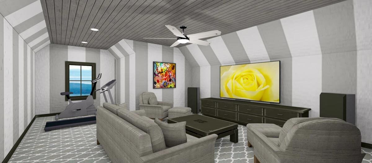 Bonus room with a TV, gray seats, dark wood coffee table, and gym equipment.