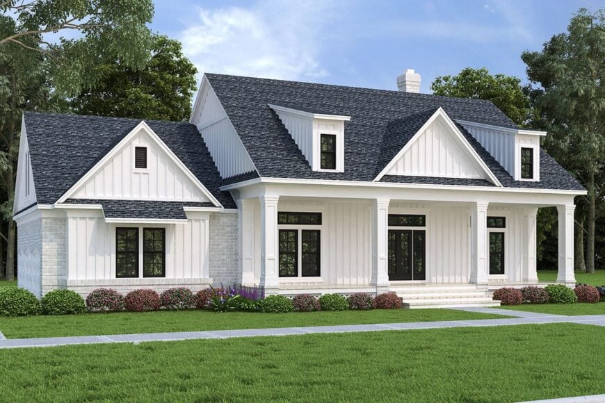 Front rendering of the 3-bedroom two-story modern farmhouse.
