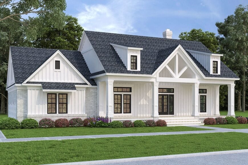 Front rendering of the 3-bedroom two-story modern farmhouse.
