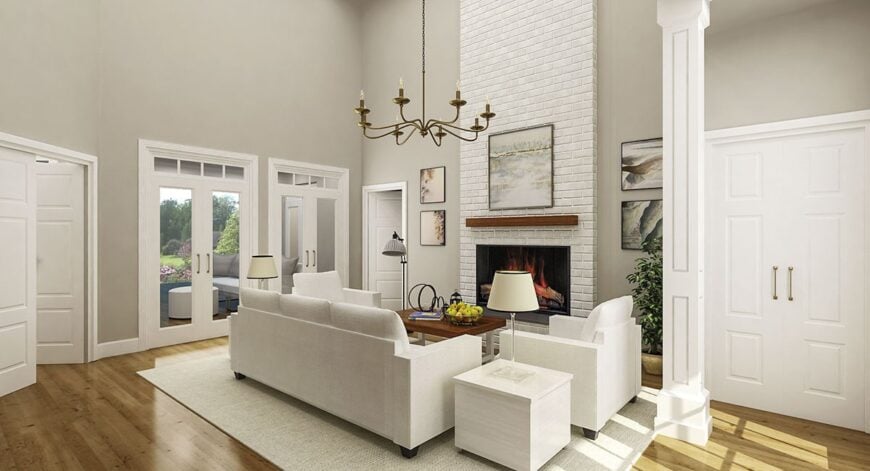 Two sets of french doors on the left side lead out to the rear porch.