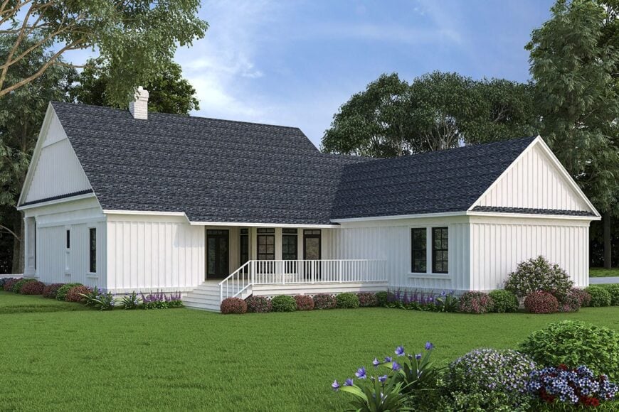Rear rendering of the 3-bedroom two-story modern farmhouse showing the spacious deck.