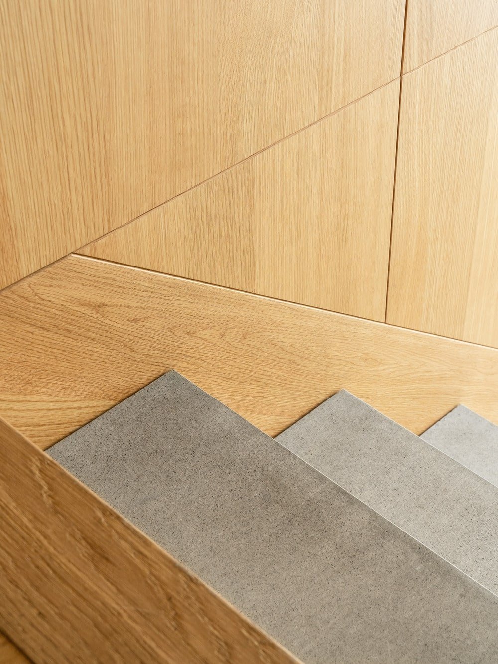 The wooden elements of the wall and the landing pair well with the gray concrete steps.