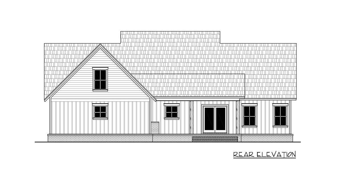 Rear elevation sketch of the 4-bedroom single-story New American home.