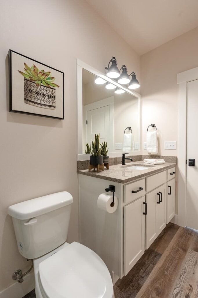 This bathroom offers a toilet and a sink vanity fitted with wrought iron fixtures.