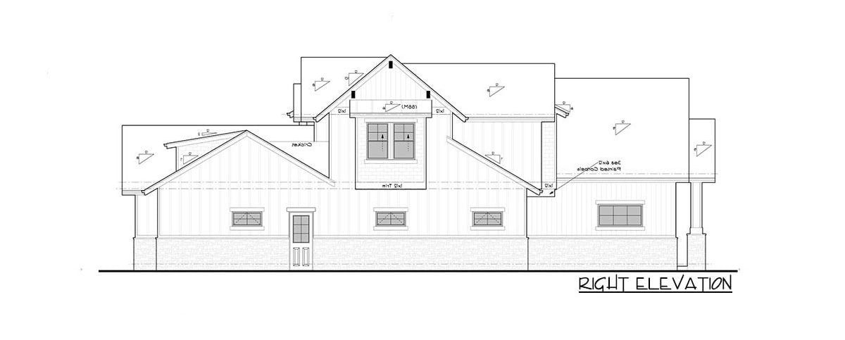 Right elevation sketch of the 4-bedroom two-story New American home.