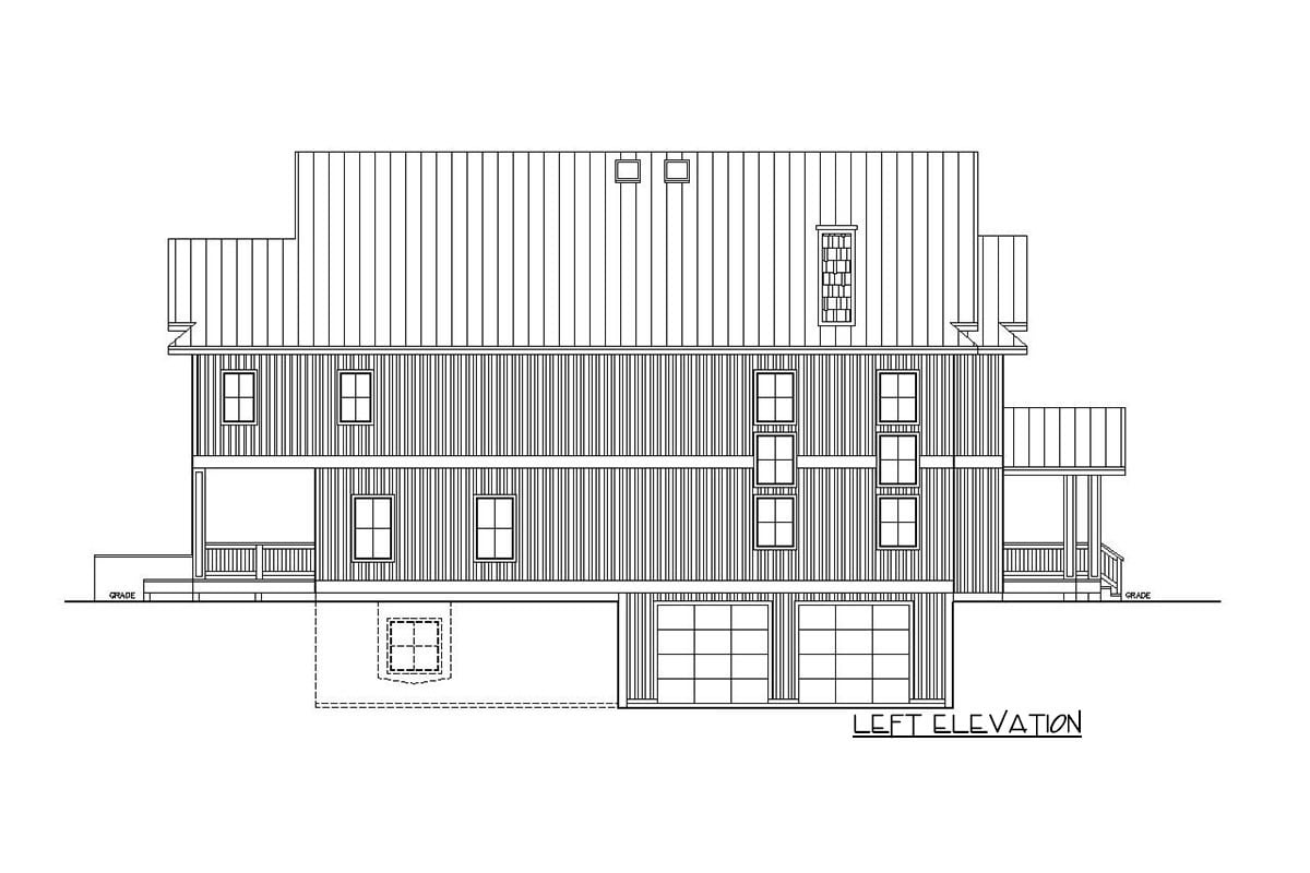 Left elevation sketch of the 5-bedroom three-story craftsman home.