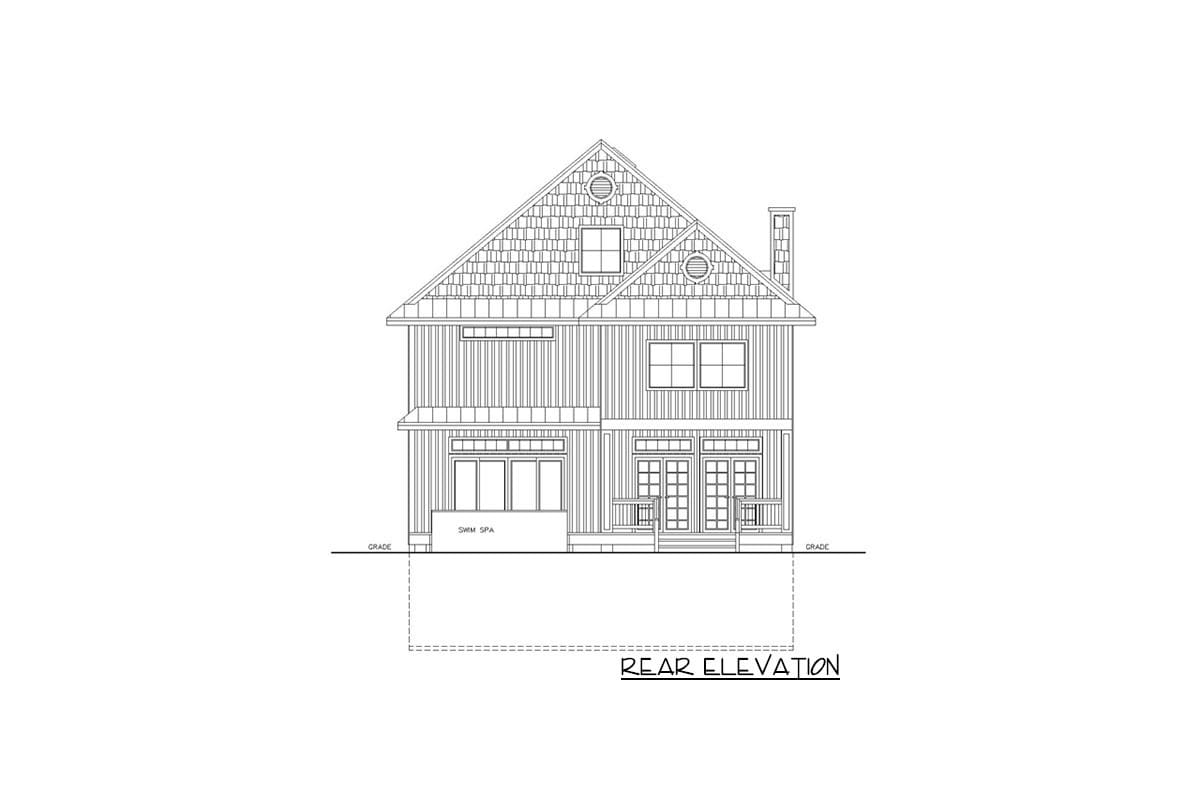Rear elevation sketch of the 5-bedroom three-story craftsman home.