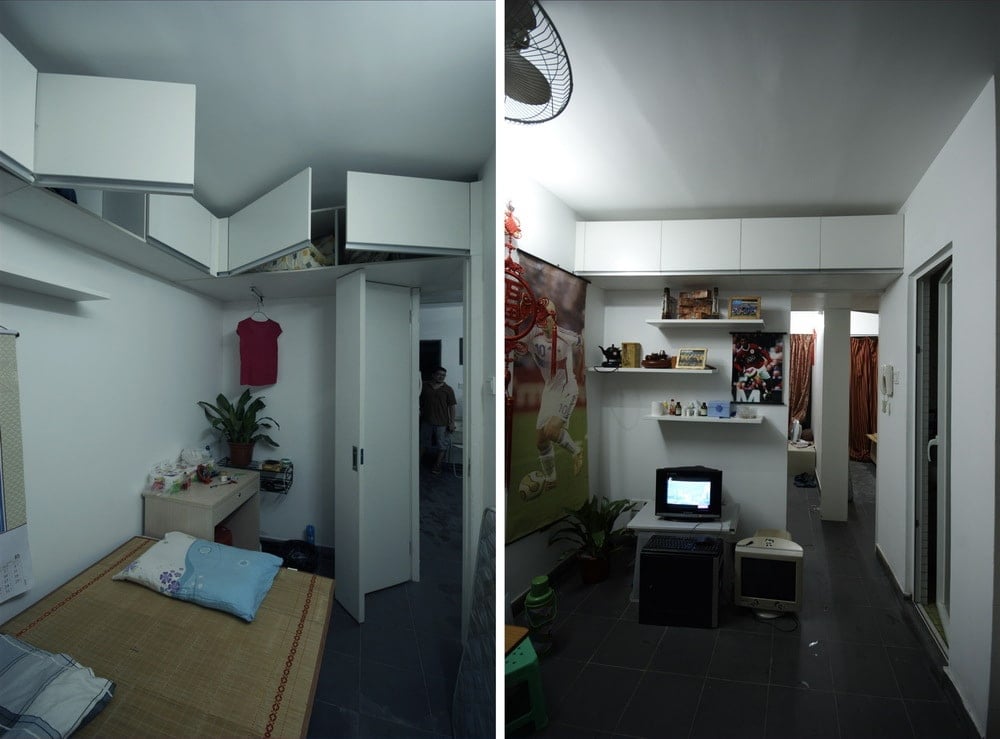 This is a dual view showcasing the interior of one of the collective housing units with white walls, ceiling and folding doors.