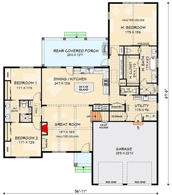 Main level floor plan of a 3-bedroom two-story New American home with great room, shared dining and kitchen, three bedrooms, utility room, double garage, and a rear covered porch.