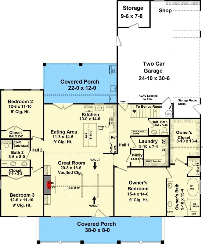 Main level floor plan of a 4-bedroom single-story New American home with front and rear porches, great room, eating area, kitchen, laundry room, and three bedrooms including the primary suite.