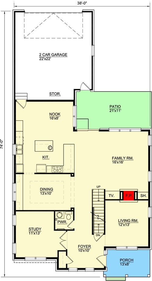 Main level floor plan of a 4-bedroom two-story Tudor home with front porch, foyer, living room, study, formal dining room, kitchen with breakfast nook, and a family room that extends to the rear patio.