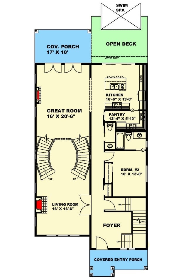 Main level floor plan of a 5-bedroom three-story craftsman home with front and rear porches, foyer, living room, great room, a bedroom, and a kitchen that opens out to the rear deck.
