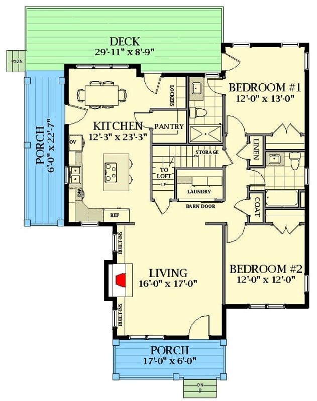 Main level floor plan of a two-story 2-bedroom farmhouse with living room, kitchen, dining area, two bedrooms, and plenty of outdoor space.